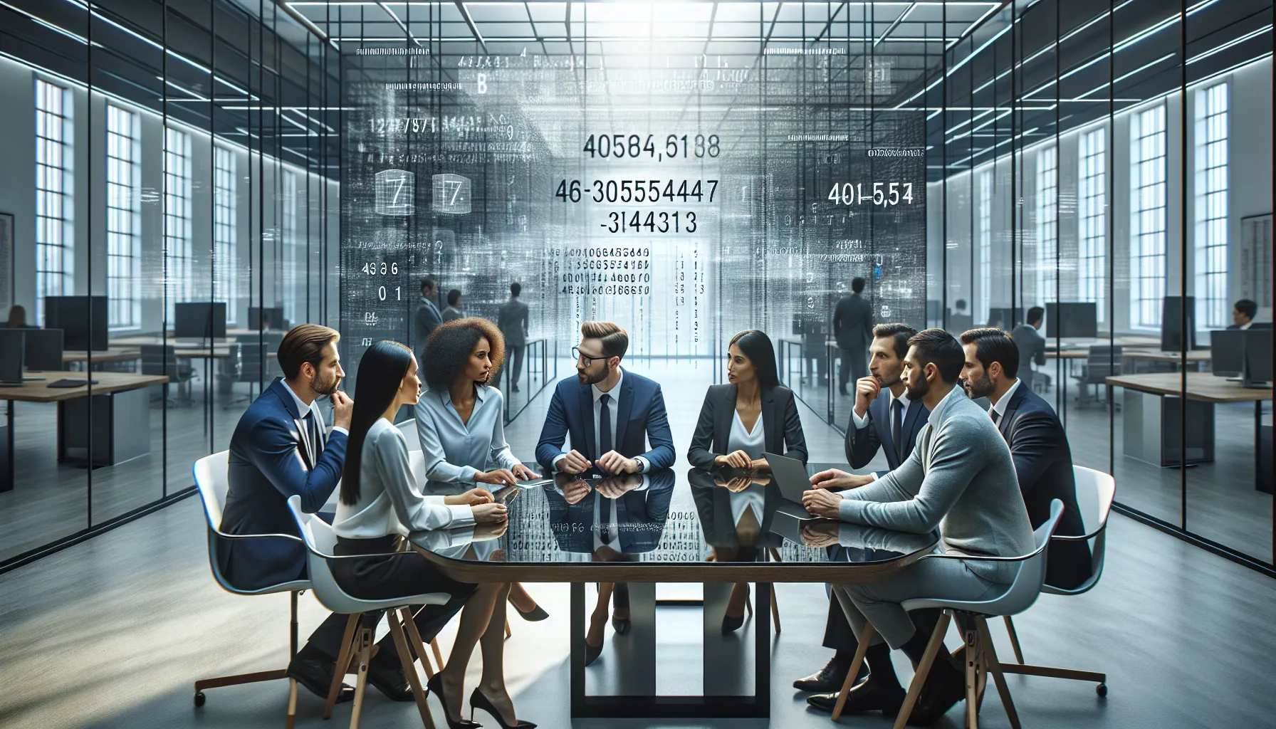 diverse professionals discussing numerical significance in a modern office.