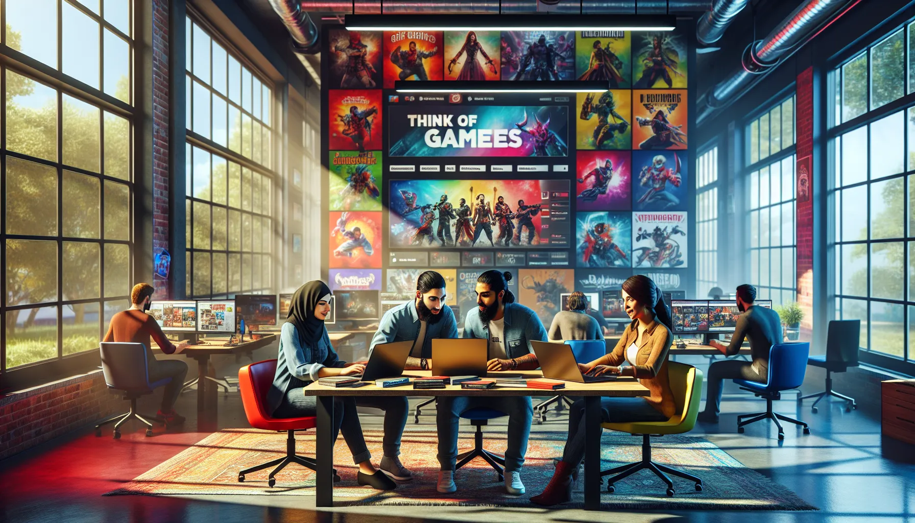 diverse professionals discussing games in a modern workspace.