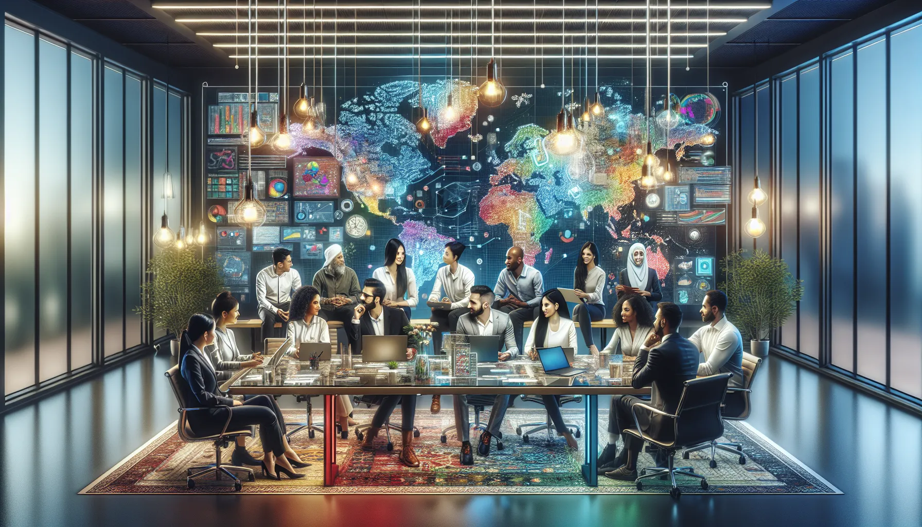 diverse professionals collaborating in a modern digital workspace.