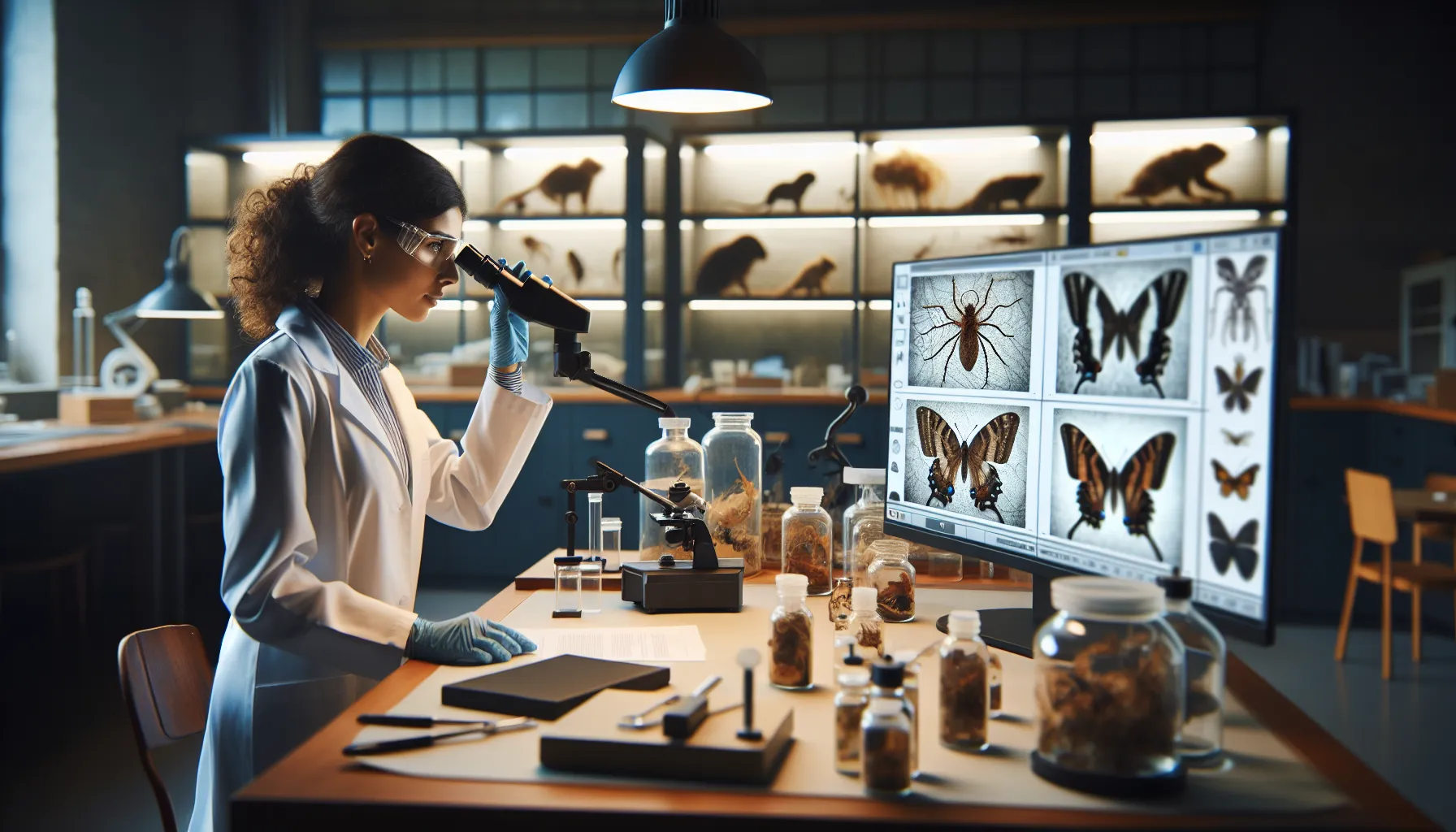 A zoologist examining animal specimens in a lab setting.