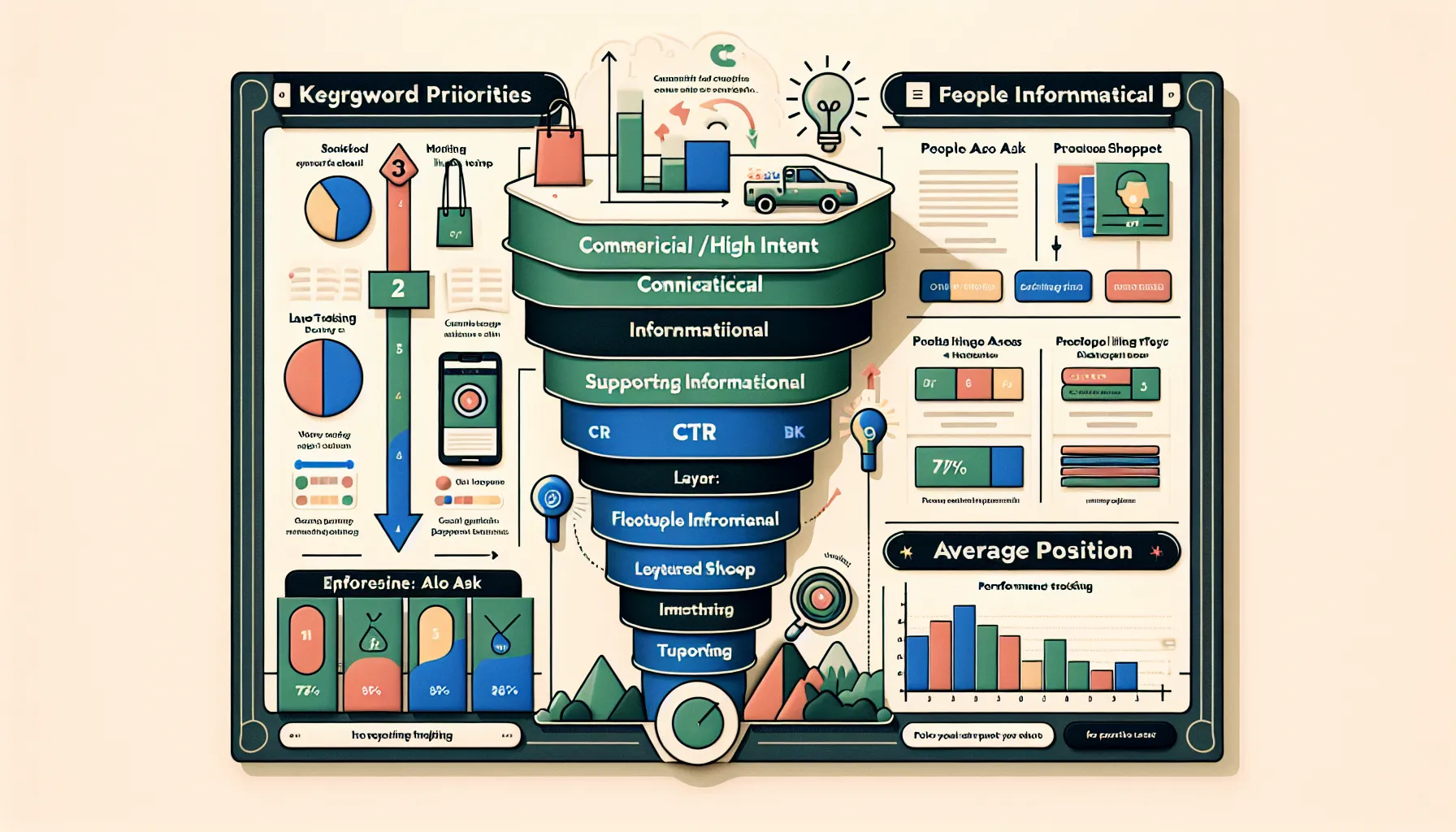 Split infographic of keyword prioritization and SERP feature tracking for the UK.