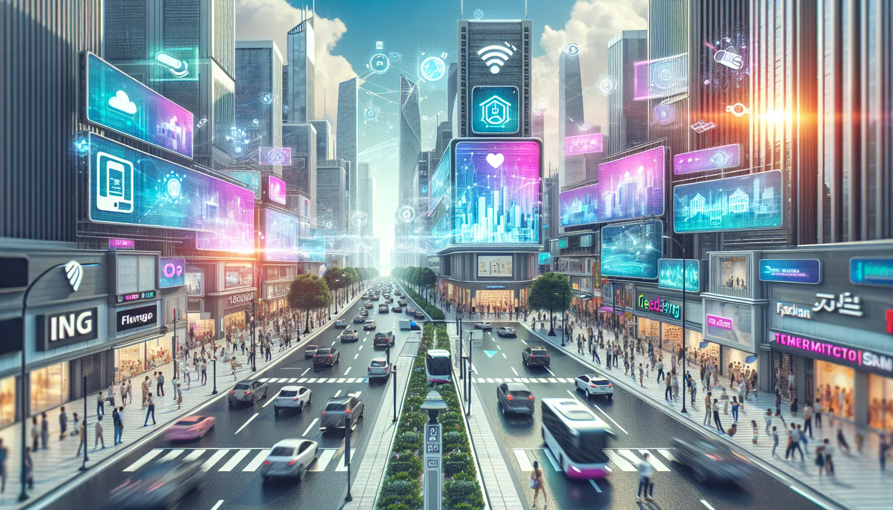 A city street with autonomous cars and smart technology in America.