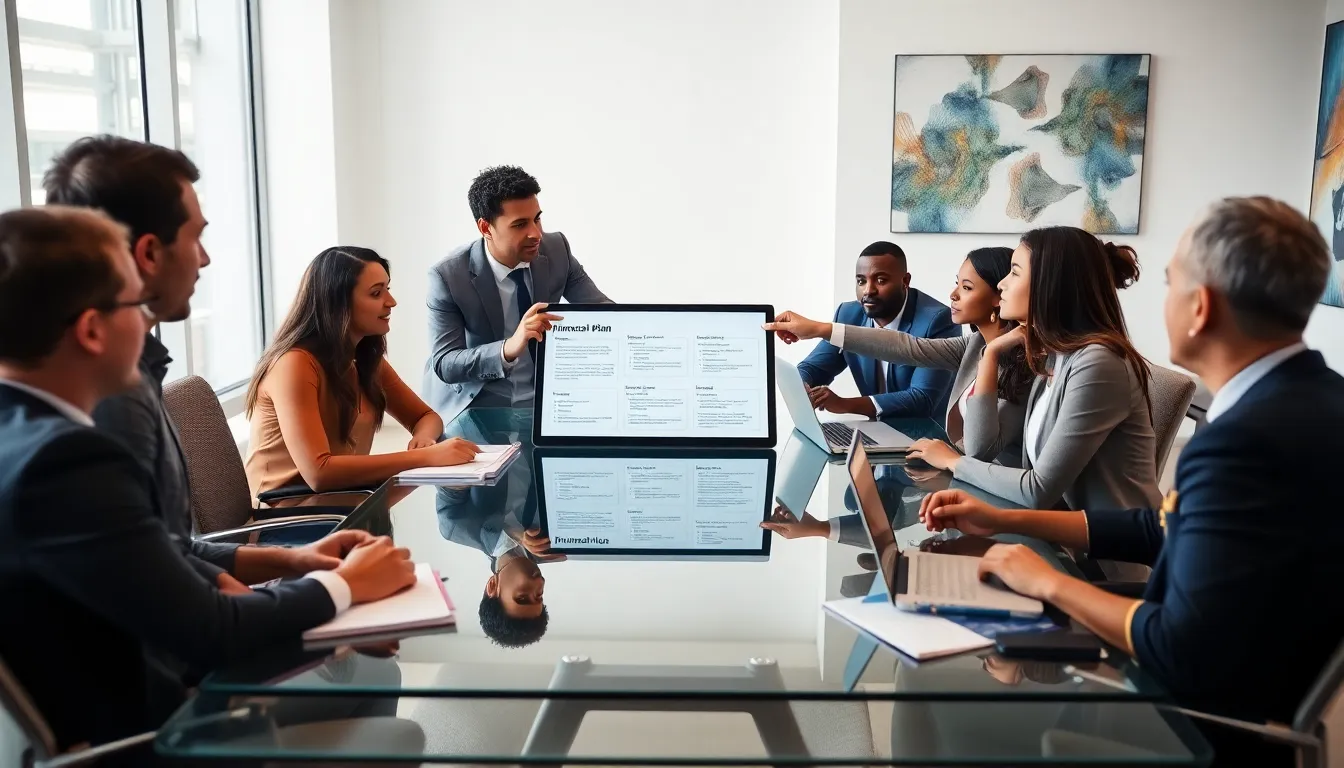 diverse team discussing financial goals in a modern office setting.