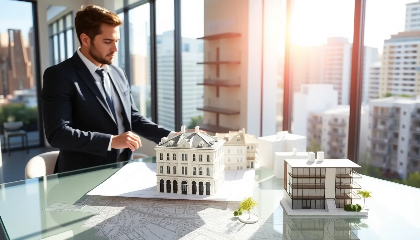 renovation consultant reviewing architectural blueprints in an office.
