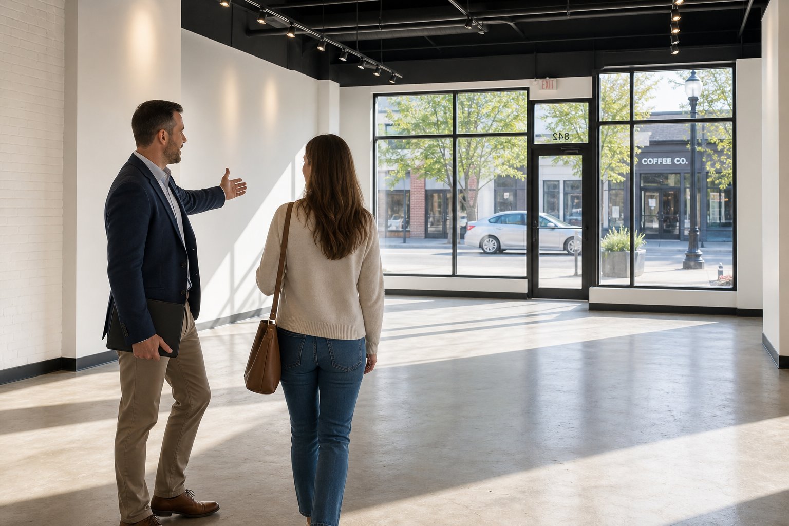 Mortgage broker showing a client around an empty retail unit with large windows and natural light.