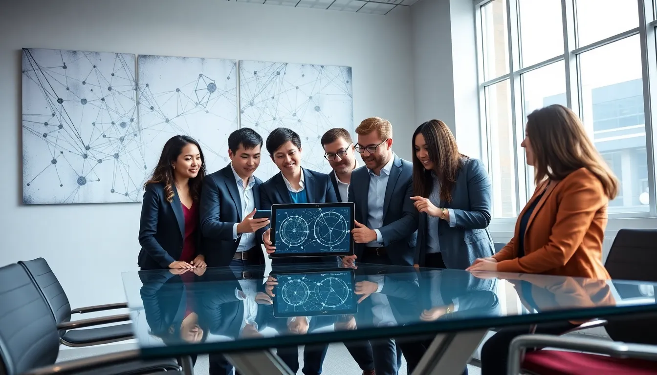diverse team collaborating on IoT software development in a modern office.