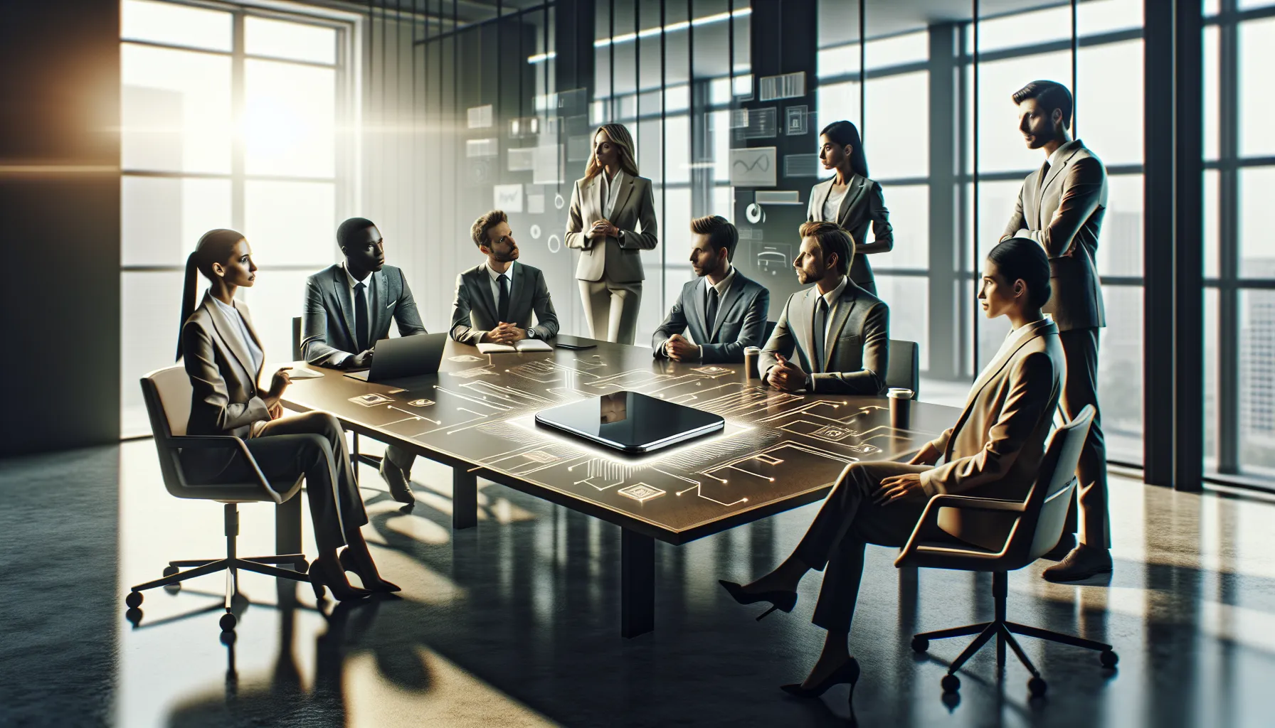 professionals comparing the Drewser3870 with other tech gadgets in an office.