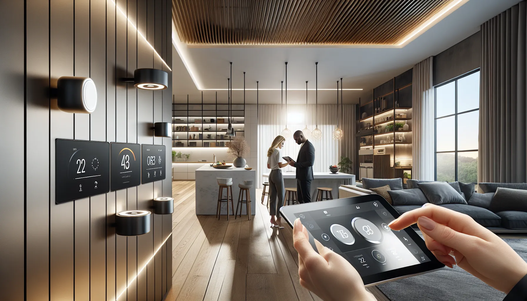 family interacting with smart home devices in a modern living space.