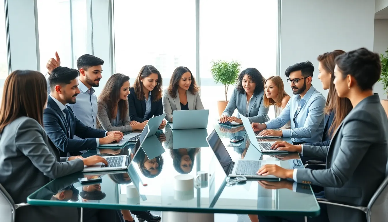diverse team brainstorming in a modern office setting.