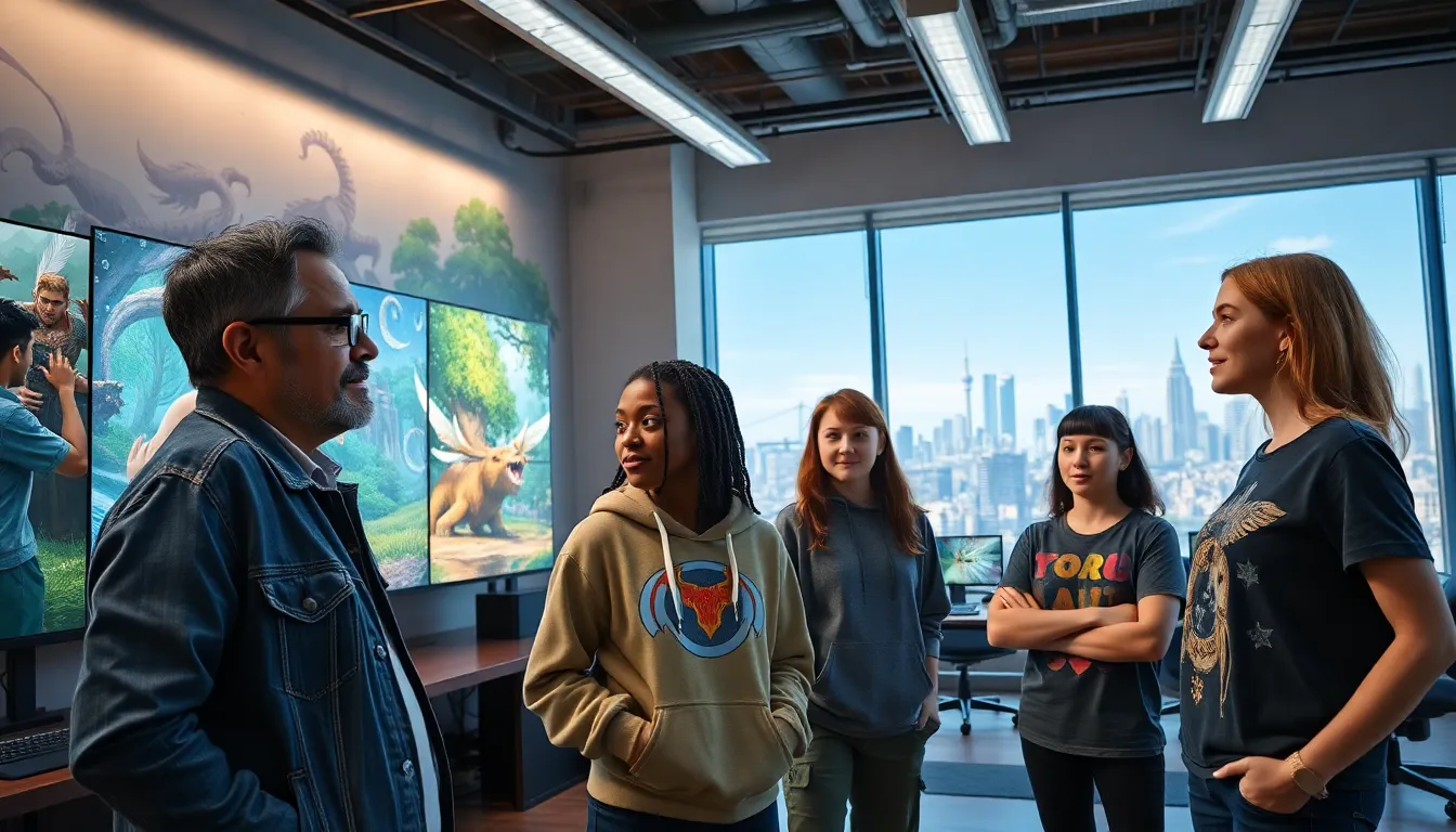 diverse game developers discussing designs in a colorful gaming studio.