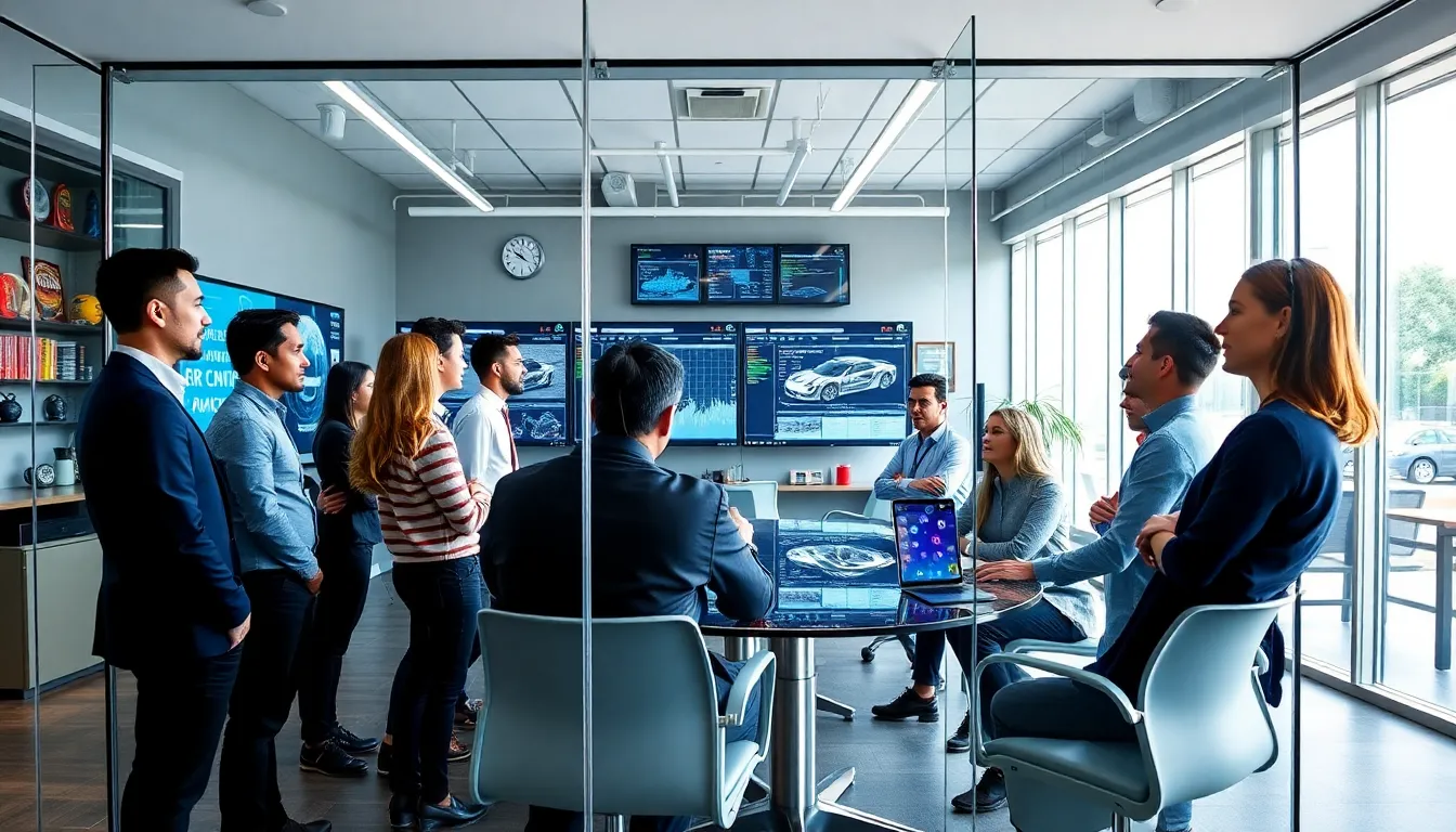 diverse team discussing racing technologies in a modern office.