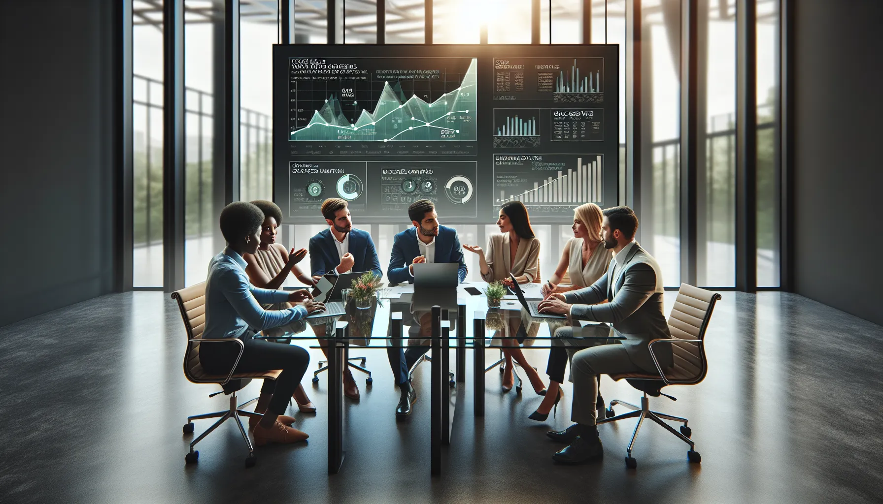 diverse team analyzing event feedback in a modern office.
