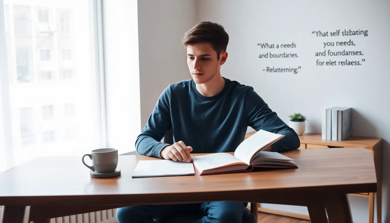 Young adult reflecting on self-awareness in a modern workspace.
