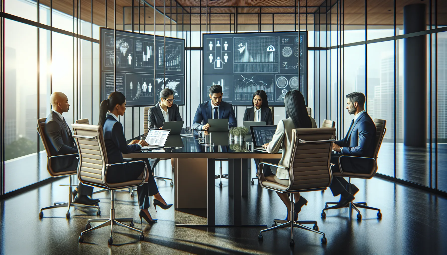 diverse team discussing data security in a modern bank office.
