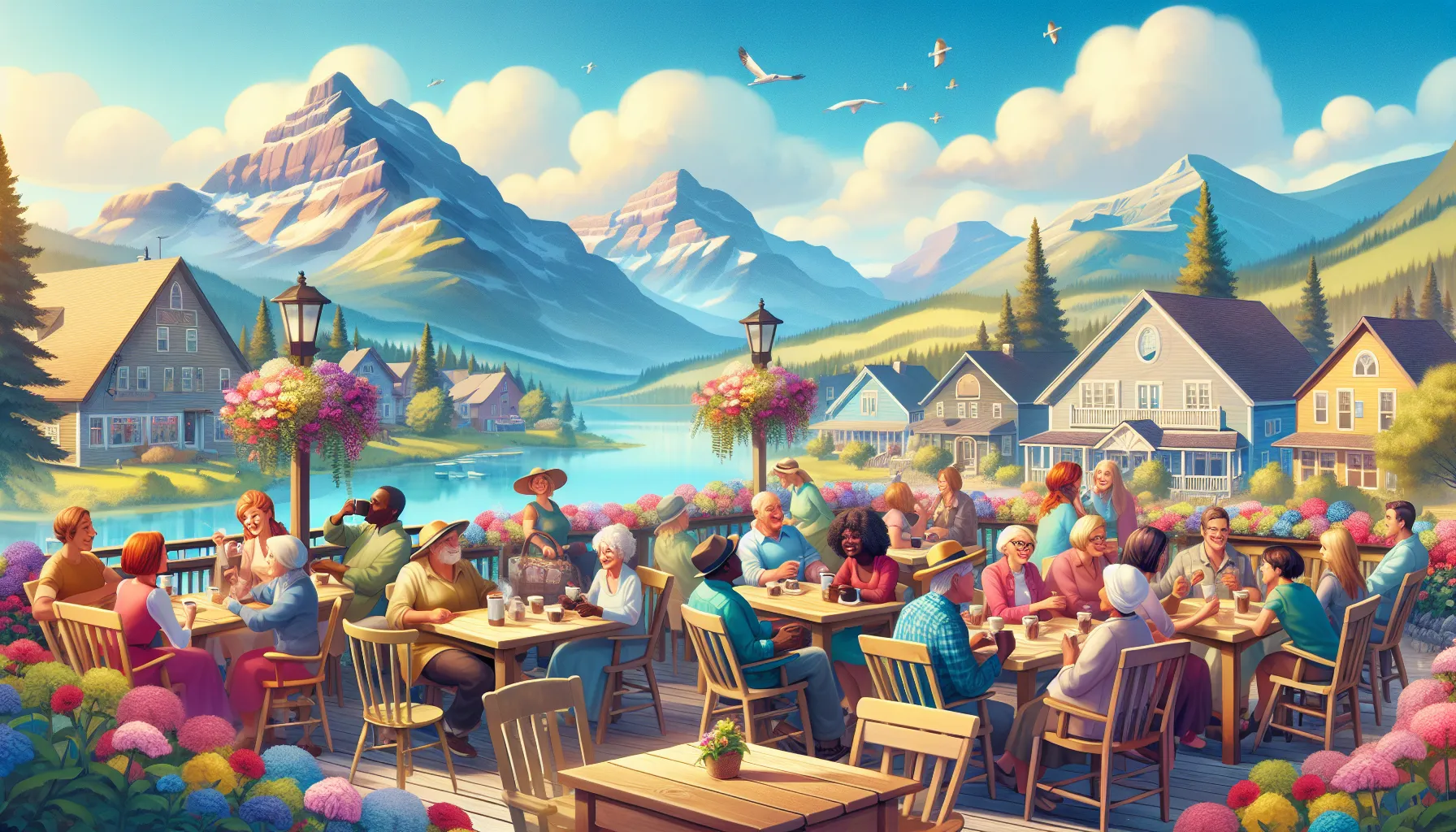 charming town scene in Sherbromont with mountains in the background.