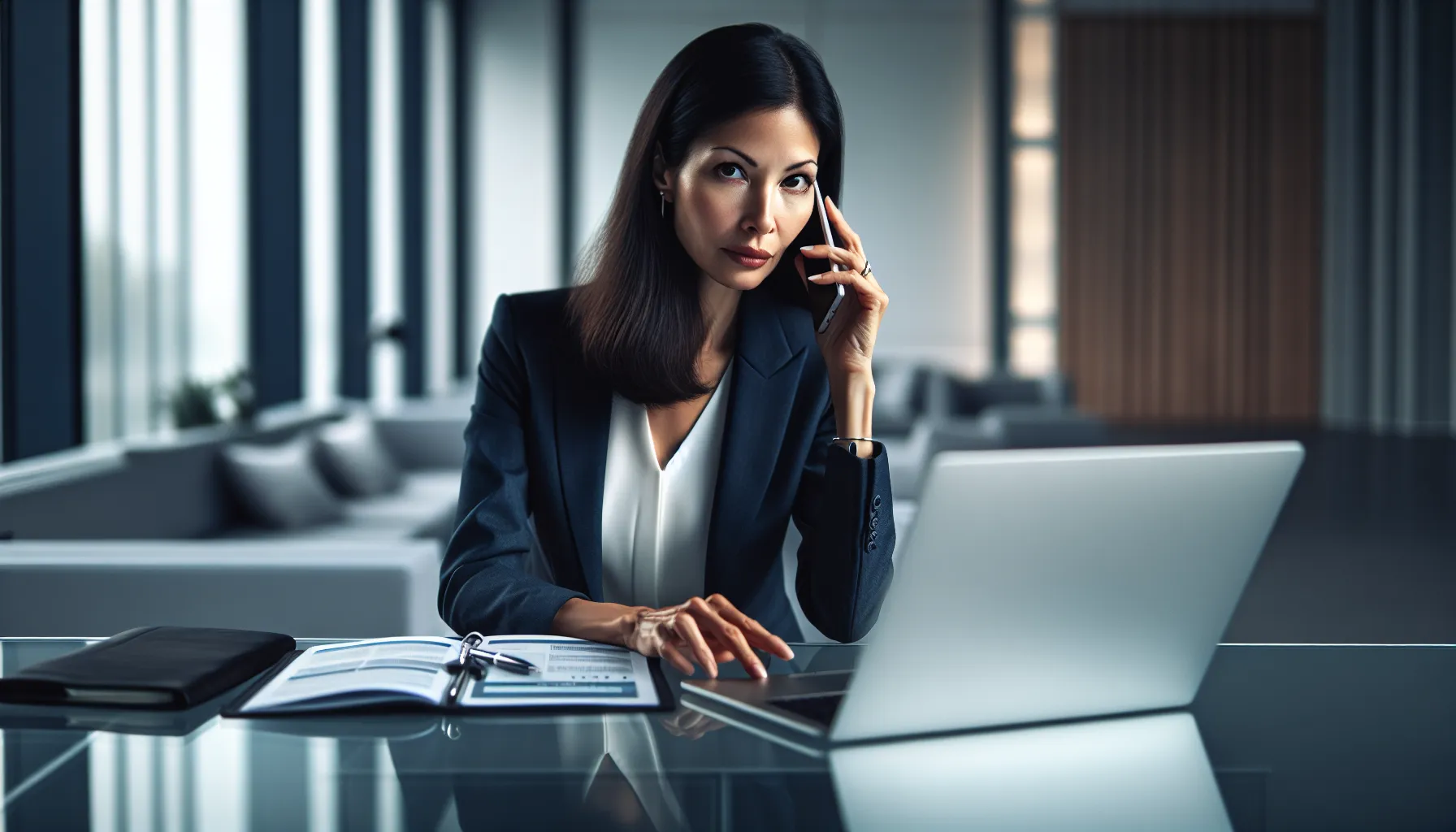 Professional reviewing potential scams at a modern office desk.