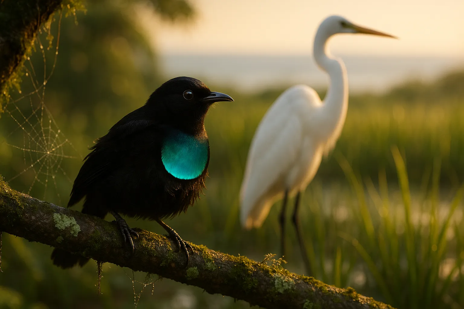 Close-up colorful bird-of-paradise with a white egret standing in marsh behind