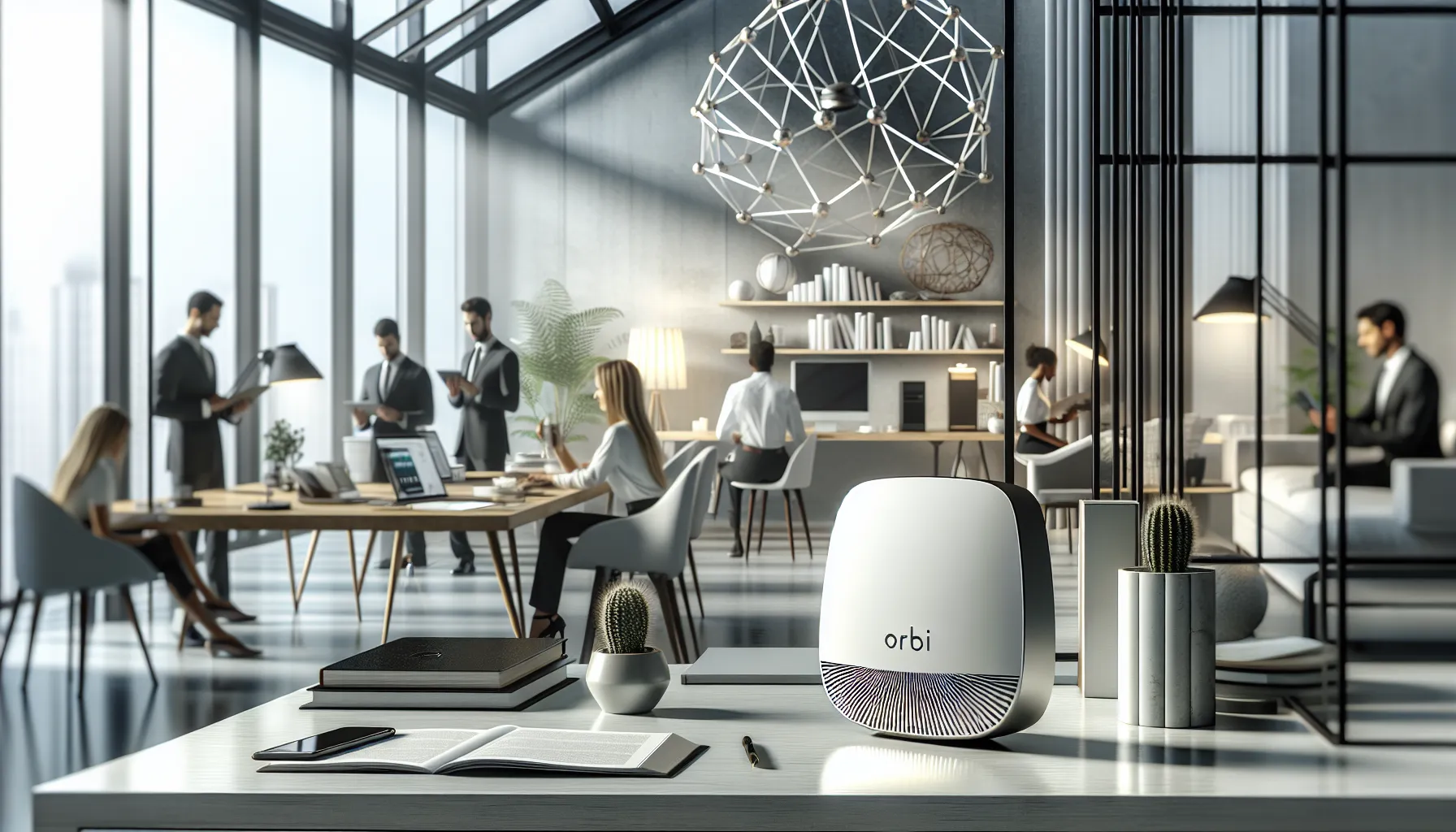 Orbi Satellite in a modern home office setting with diverse professionals.