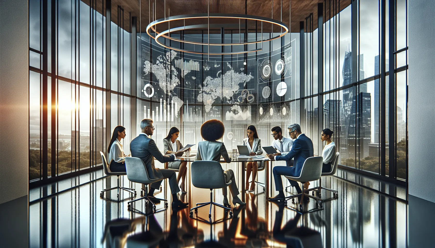 diverse professionals discussing cultural narratives in a modern office.