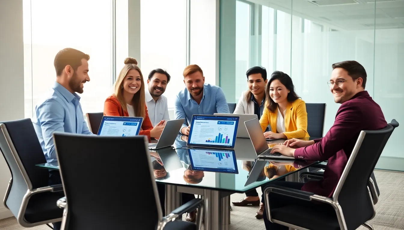 professionals collaborating on the Wuvdbugflox software in a modern office.