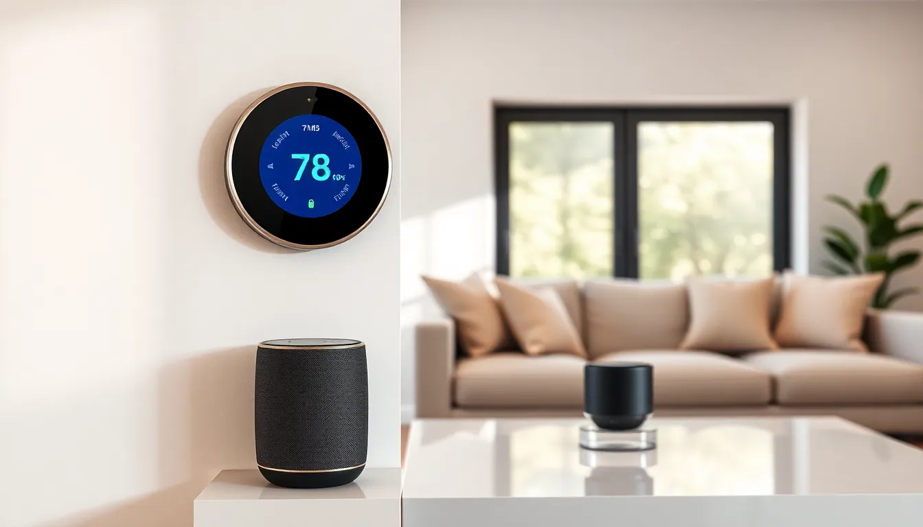 modern living room with smart living products like a thermostat and speaker.