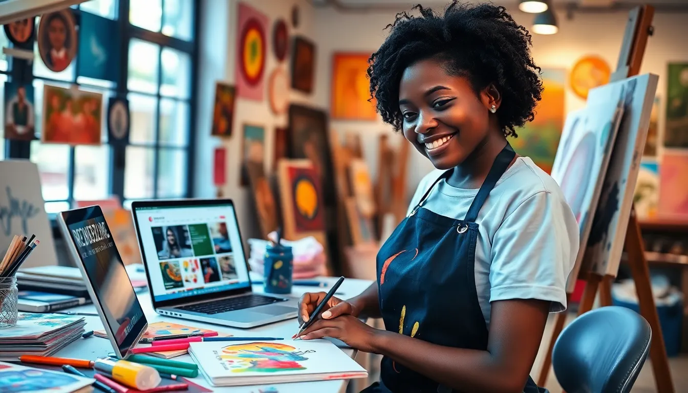 an artist painting in a vibrant studio filled with art supplies.