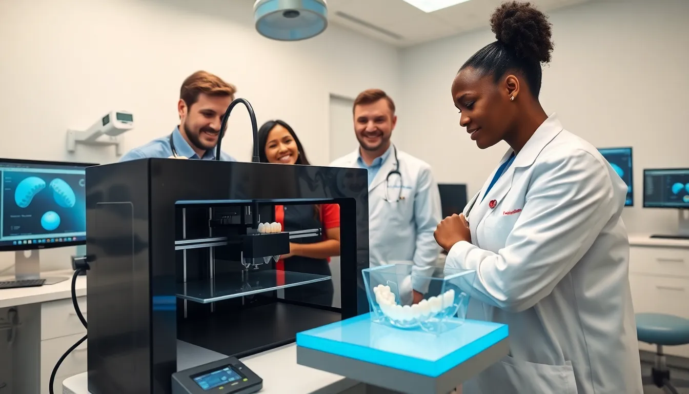 dental professionals observing a 3D printer in a modern clinic.