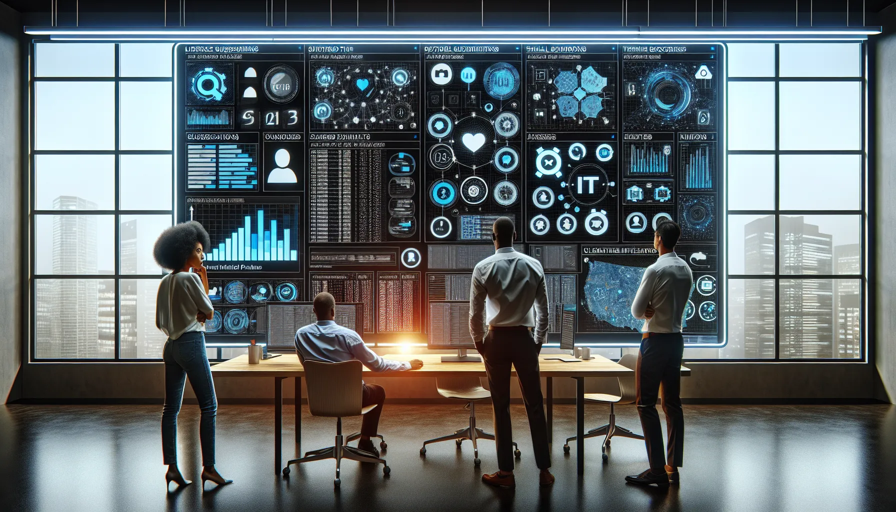 Analytics team reviewing complex, overloaded Power BI sharing setup on large office display.