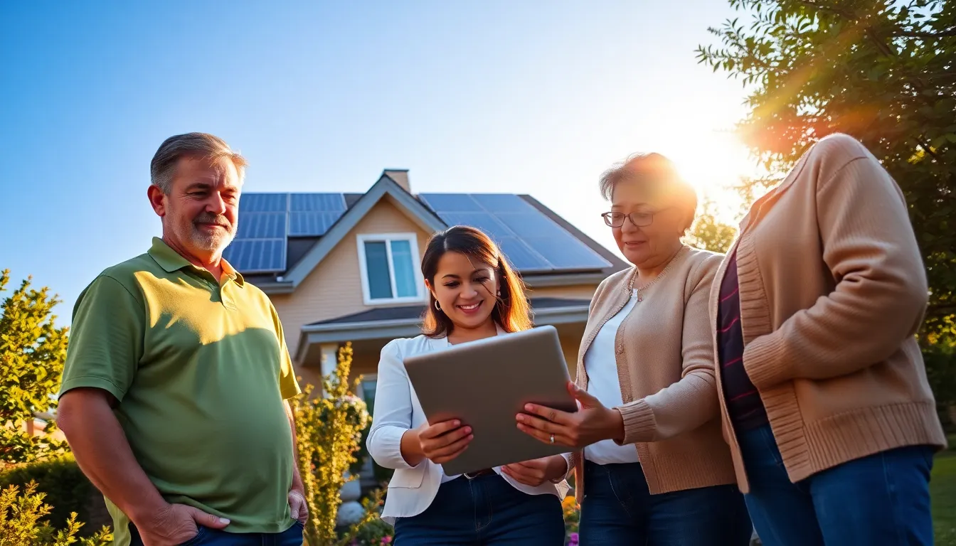 a diverse group discussing energy solutions at a modern home with solar panels.