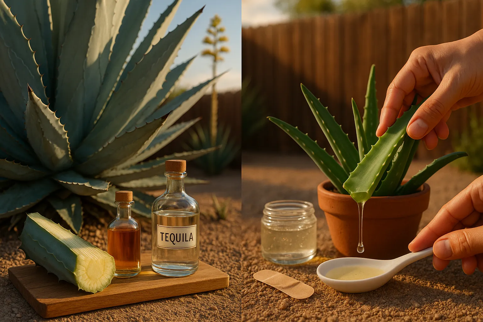 Large agave plant beside potted aloe vera with hand squeezing gel.