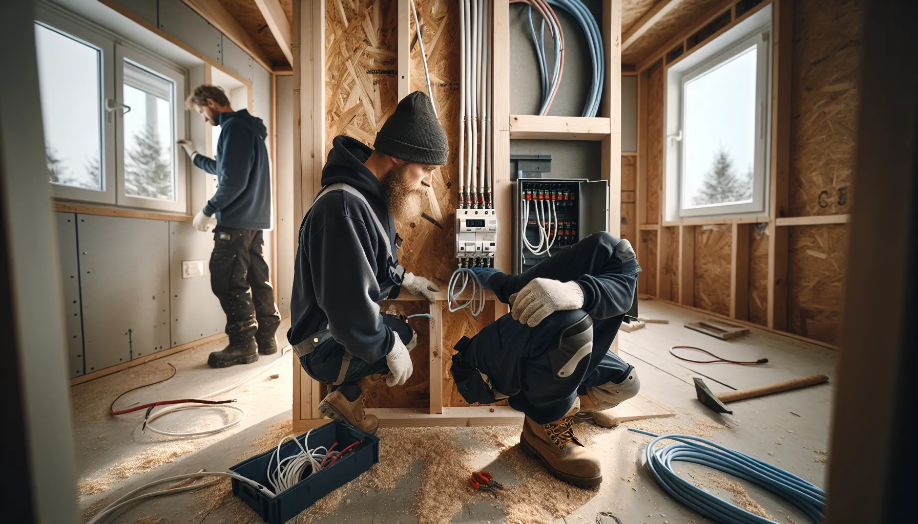 Electrician at fuse box, plumber and carpenter working in a norwegian renovation.