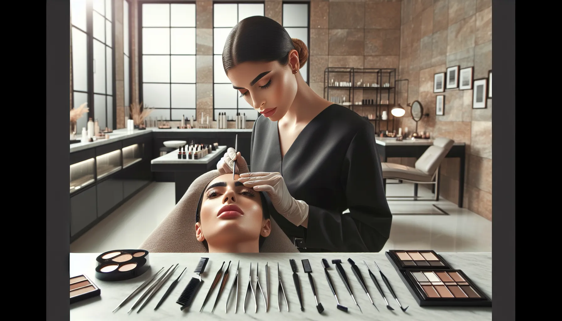 beautician shaping client's eyebrows in a modern salon.
