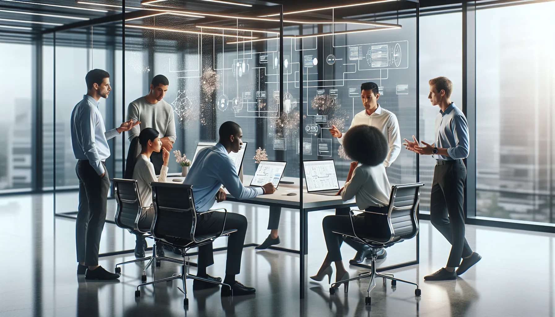 diverse team discussing telecommunications applications in a modern office.