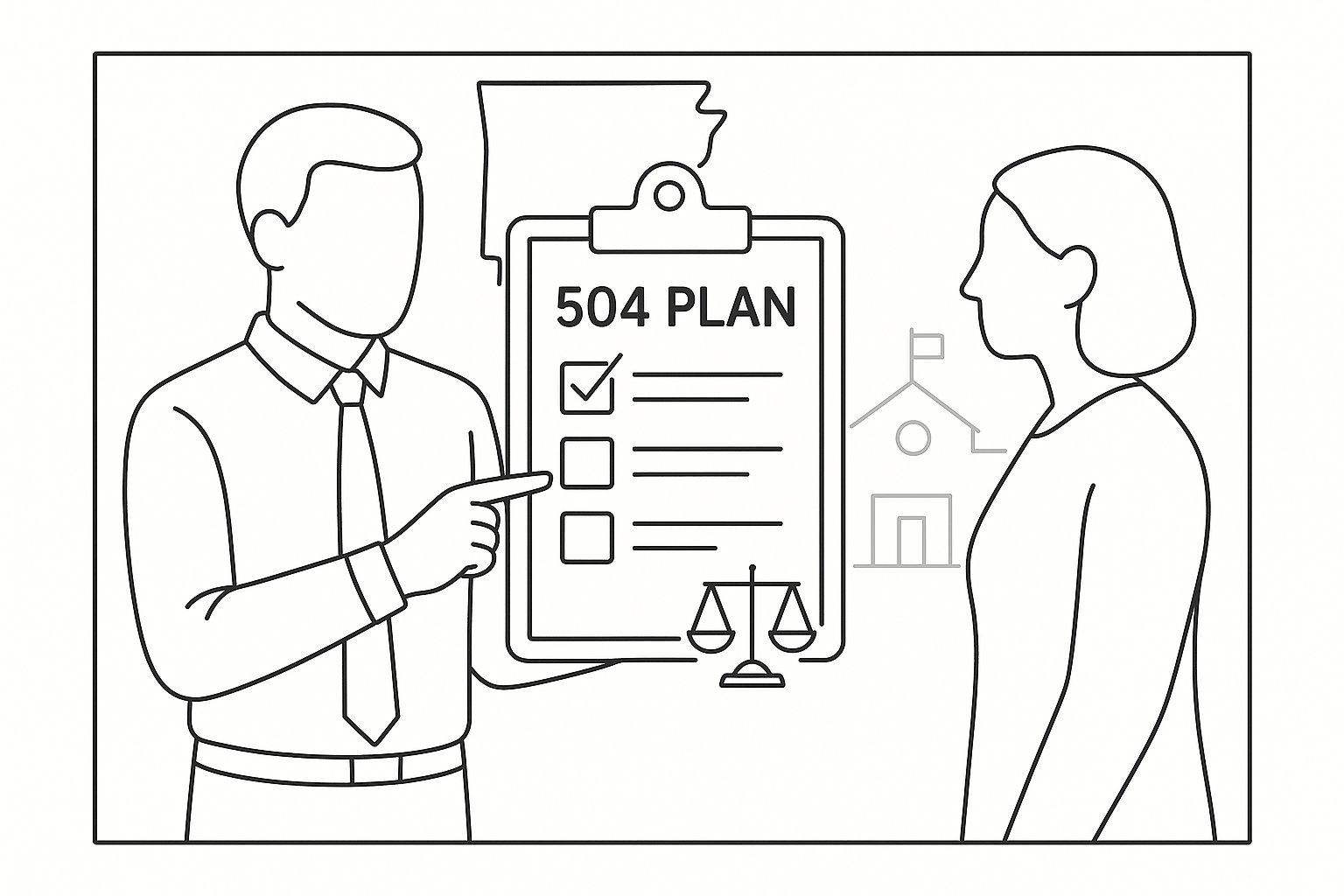 Clipboard labeled “504 Plan” with two figures and Arkansas outline - What Is a 504 Plan in Arkansas A Practical Guide for Parents and Educators 2026