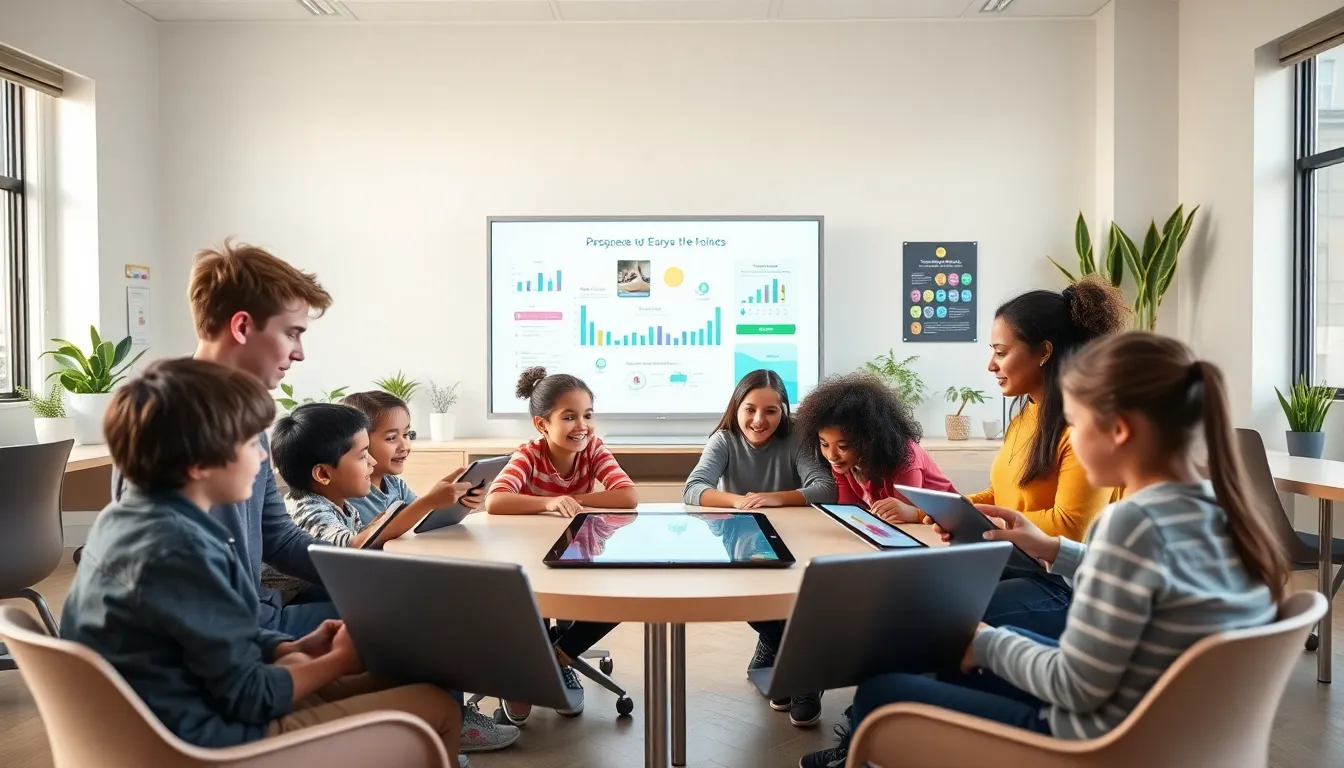 diverse students engaged with edtech games in a bright classroom.