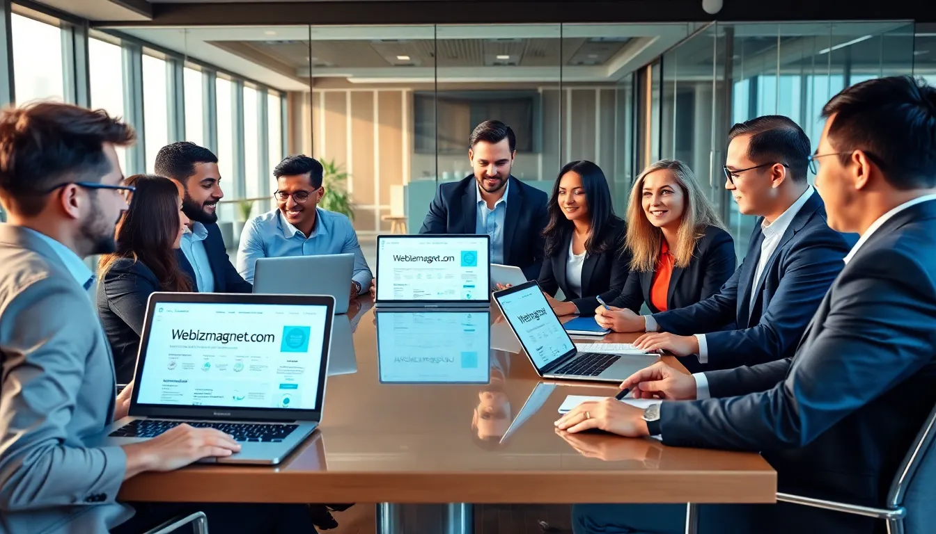 diverse team collaborating on digital marketing strategies in a modern office.