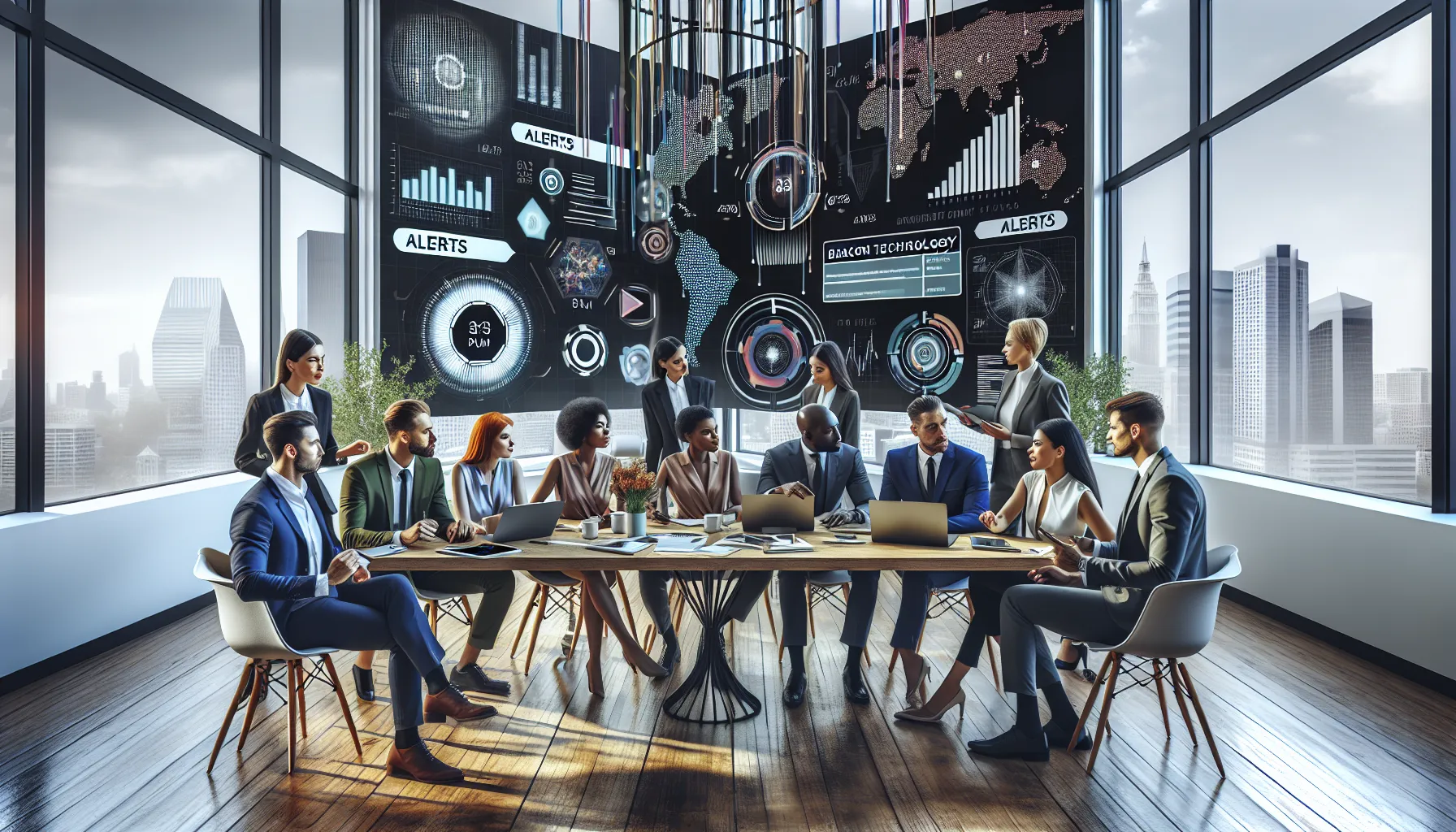 diverse team discussing BeaconSoft technology in a modern office.