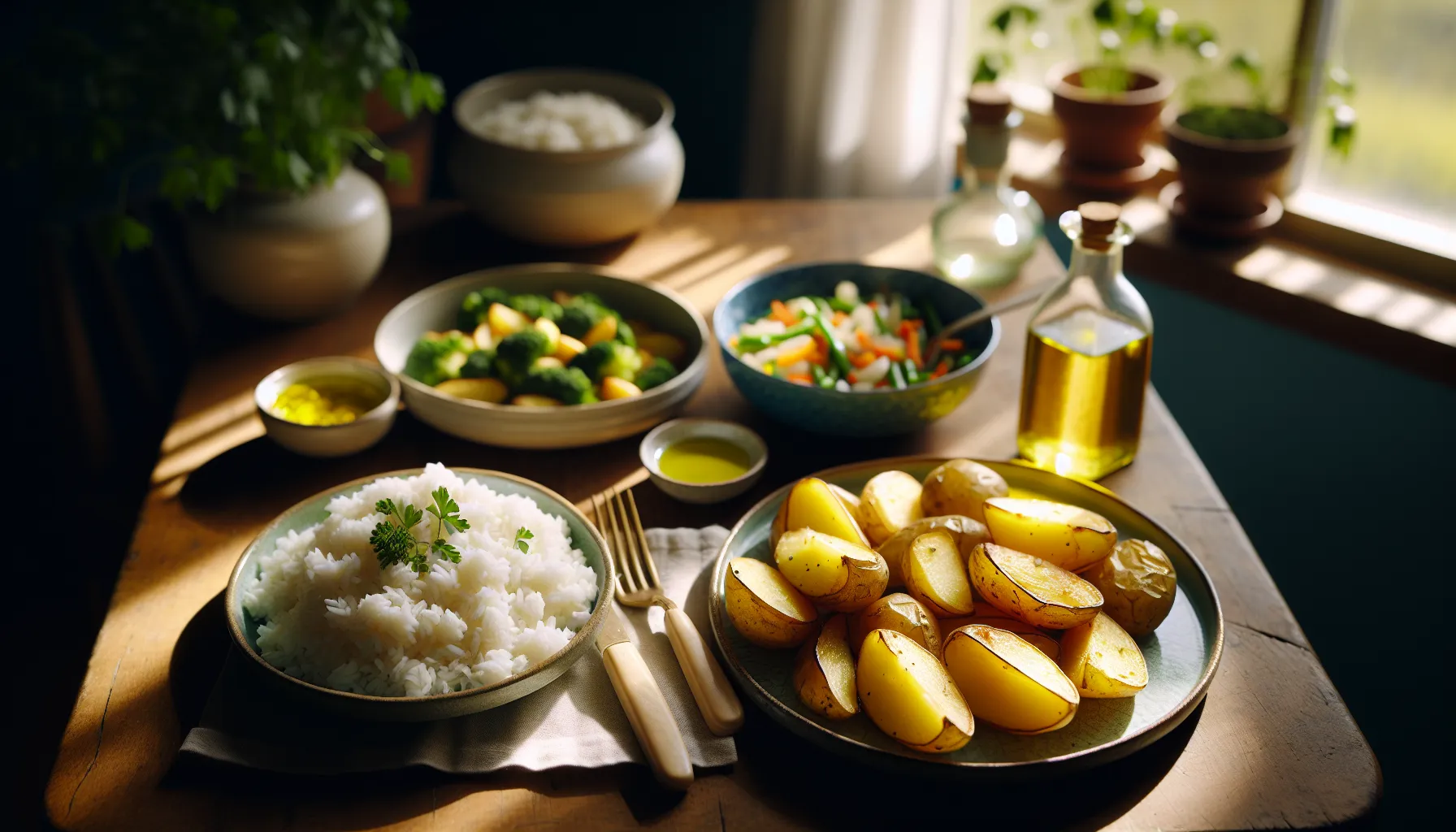 A plate of steamed rice and a plate of baked potatoes in a sunny kitchen.