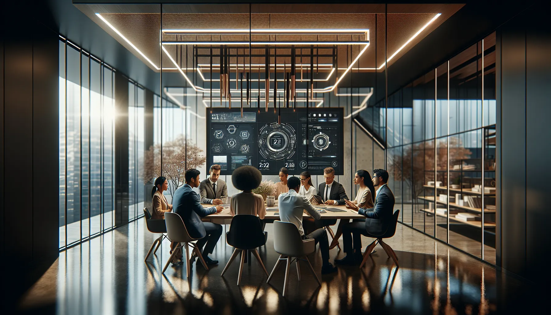 diverse team discussing Qpibandee in a modern office.