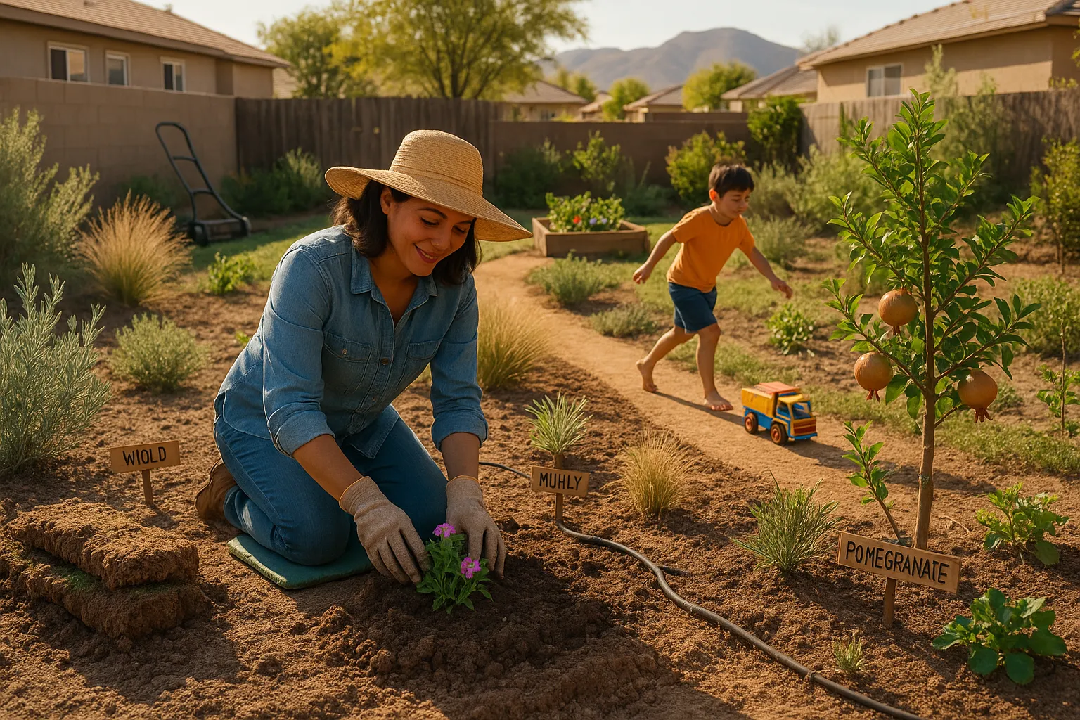 Homeowner planting native wildflowers in a backyard replacing a traditional lawn.