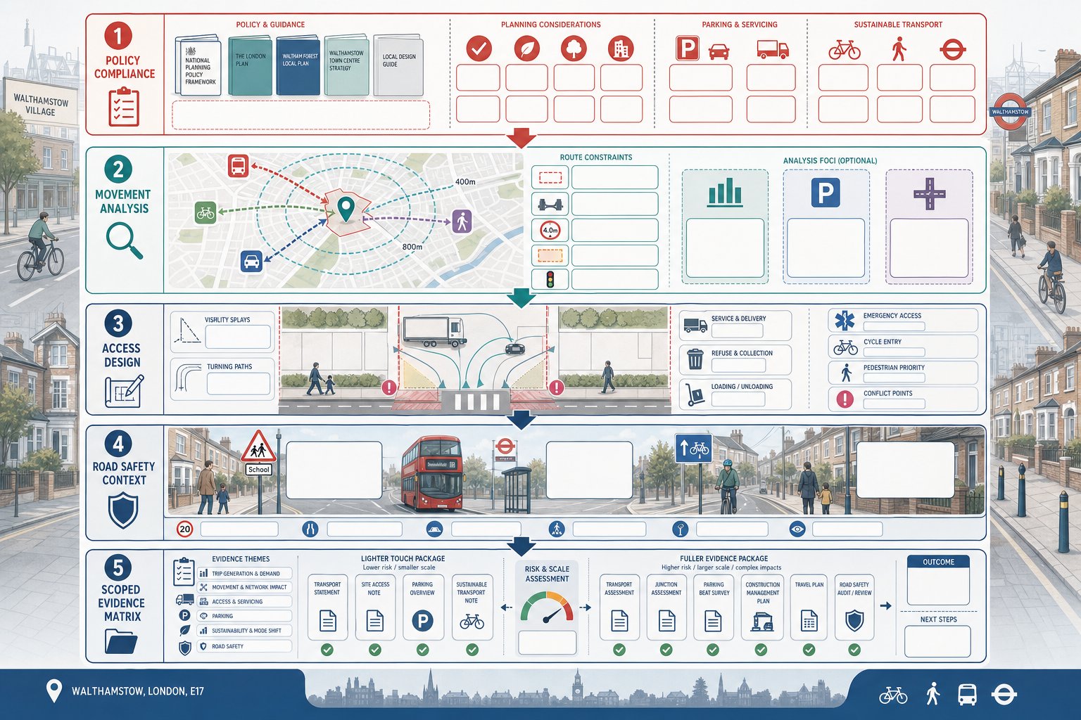Infographic of pre-submission traffic engineering checks for a Walthamstow planning scheme.