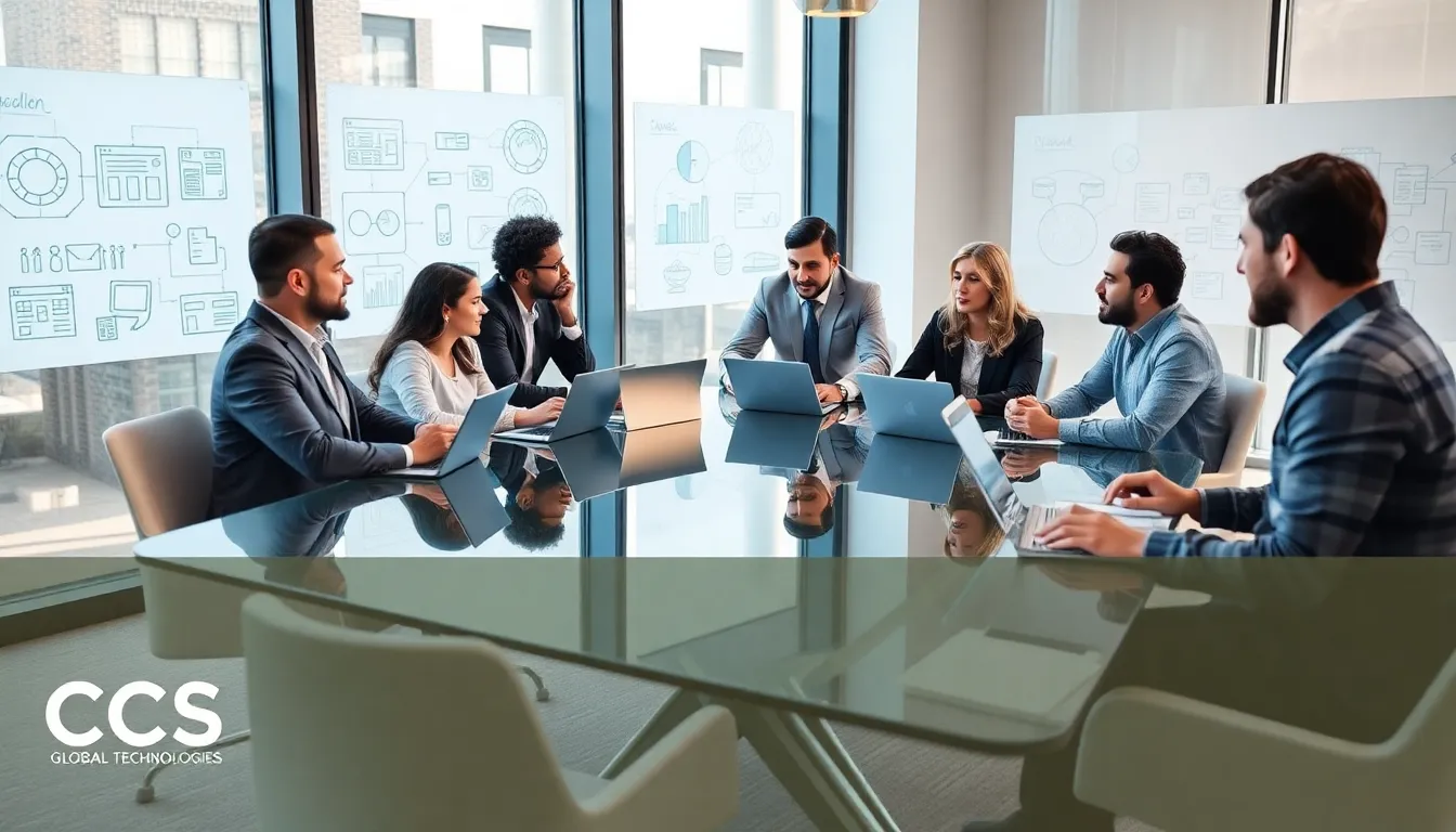 diverse team collaborating in a modern tech office.