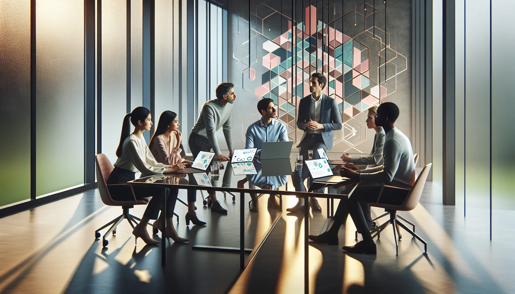 professionals collaborating in a modern office setting on innovative ideas.