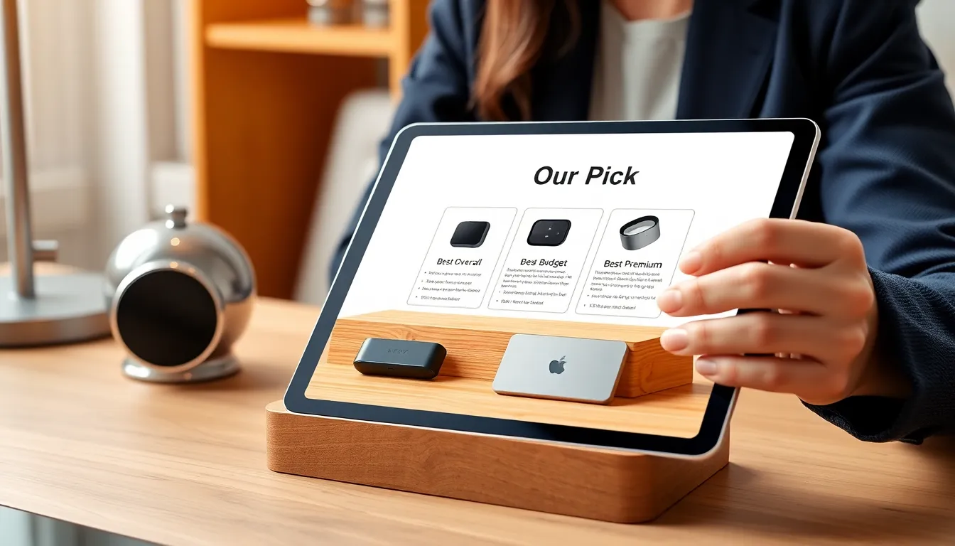 Tablet labeled &ldquo;Our Picks&rdquo; with three product prototypes on a small podium.