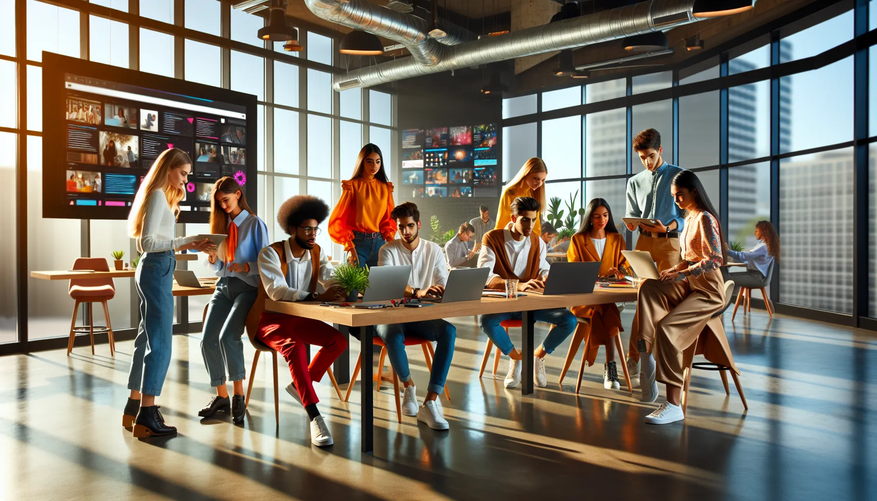 diverse professionals collaborating on creative projects in a modern workspace.