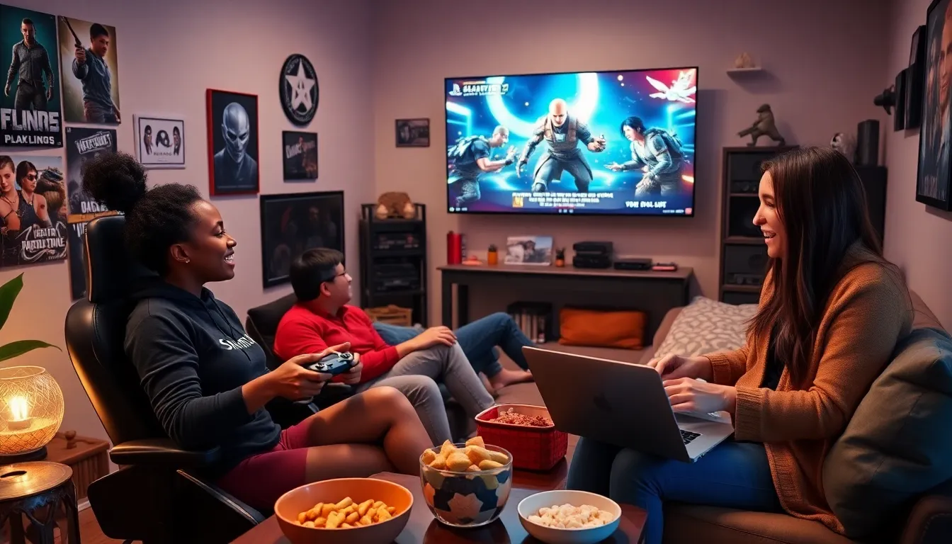 a group of diverse gamers discussing PlayStation games in a cozy gaming room.