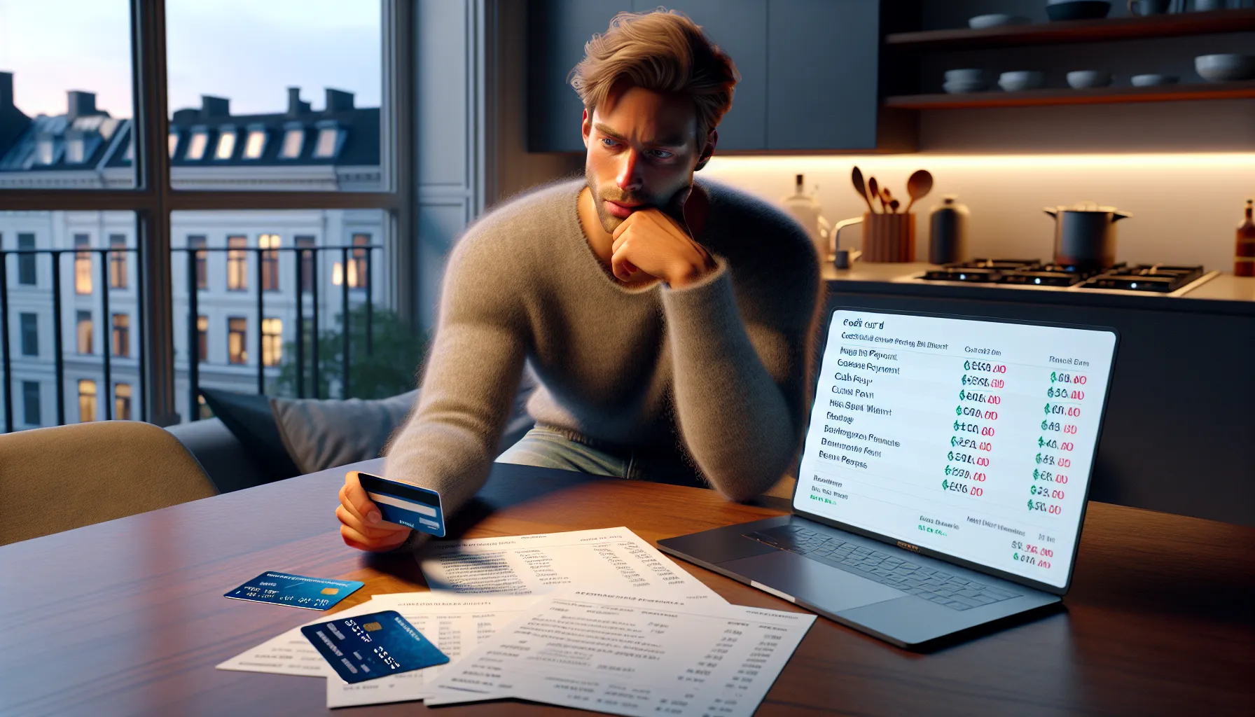 Hva er forskjellen mellom debetkort og kredittkort? 3 Norwegian adult reviewing a credit card bill at a kitchen table with laptop.