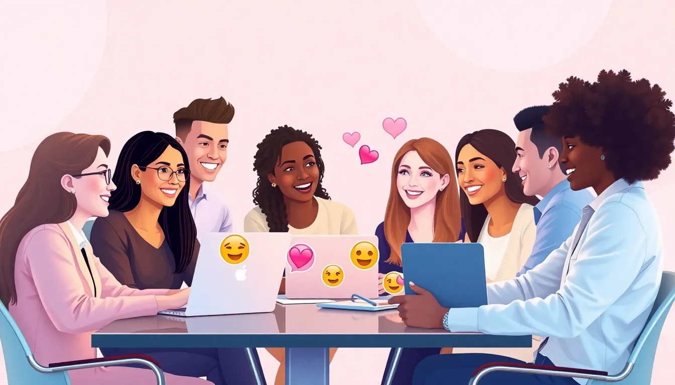 diverse team expressing creativity around technology and love symbols.