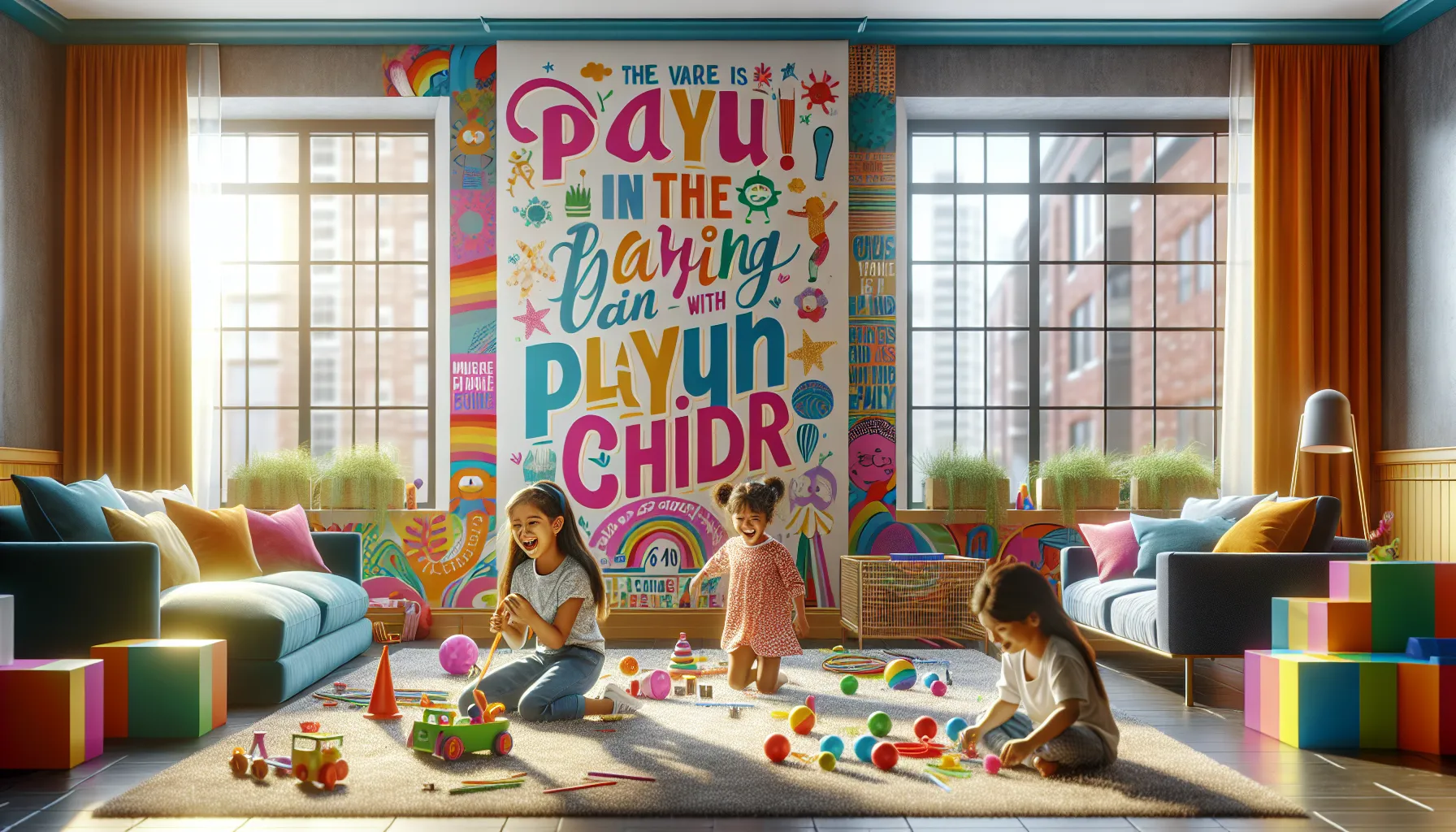 children playing in a colorful, quote-decorated play area.