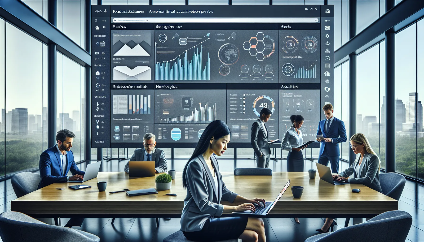 Professionals review automated Tableau alerts and email report subscriptions in a modern office.